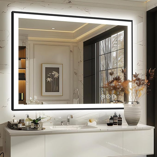 48x40 LED Bathroom Mirror for Wall, Black (Metal, Aluminum) Framed, Front Light and Backlit, 3 Colors and Dimmable Vanity Mirror, Anti-Fog, Shatter-Proof, Memory (Horizontal/Vertical)