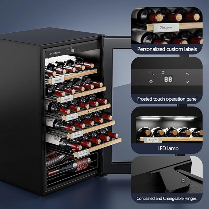 Wine Fridge, 33 Bottles Freestanding Wine Cooler, Intelligent Compressor, Frost Free, Glass Door, 41-64℉ Adjustable Digital Temperature Control, for Red, White, Champagne or Sparkling Wine