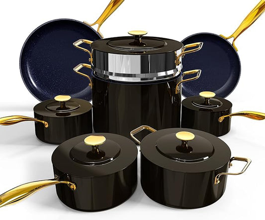 Nuwave Lux LE 13-Pc Cookware Set with Elegant Gold Handle, Diamond Infused Ceramic Non-Stick, PFAS Free, Premium Metal Lids, Ergonomic Stay-Cool Handles, Induction Ready & Compatible w/All Cooktops
