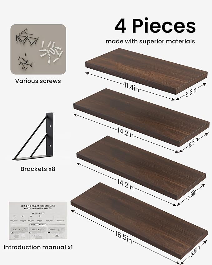 BAYKA Floating Shelves for Wall, Book Shelf for Bedroom, Decor Shelves for Living Room Kitchen, Mounted Wood Floating Shelf for Home Decor, Corner Shelf for Bathroom, Office(Dark Brown,Set of 4)