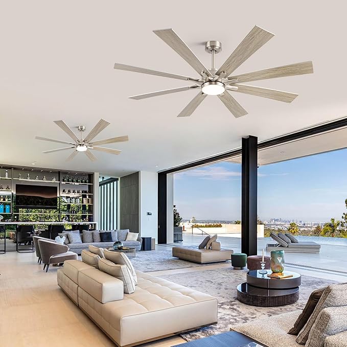 62 Inch Outdoor Ceiling Fan with Light, Modern Industrial Lighting & Ceiling Fans for Patios Porch Garage, Large Ceiling Fan with High CFM Reversible Energy Efficient DC Motor, Silver/Oak Dual Finish
