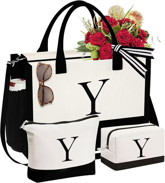 YOOLIFE Christmas Gifts for Women - Initial Canvas Tote Bag & Makeup Bag, Birthday Gifts for Women Mom Sister Friends