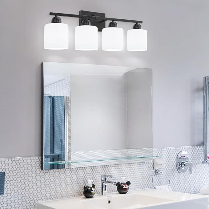4-Light Black Bathroom Vanity Light, Light Fixtures with Milky White Frosted Glass Shades, Black Vanity Light for Bathroom Mirror, Bedroom, Living Room, Vanity Table, E26 Base