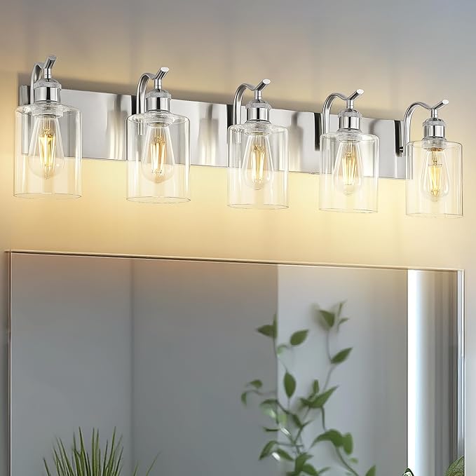 5 Light Bathroom Vanity Light, Brushed Nickel Vanity Lights for Morden Bathroom Lighting Fixtures Over Mirror Wall Light Fixtures with Clear Glass Shade ZCVL01BN-5