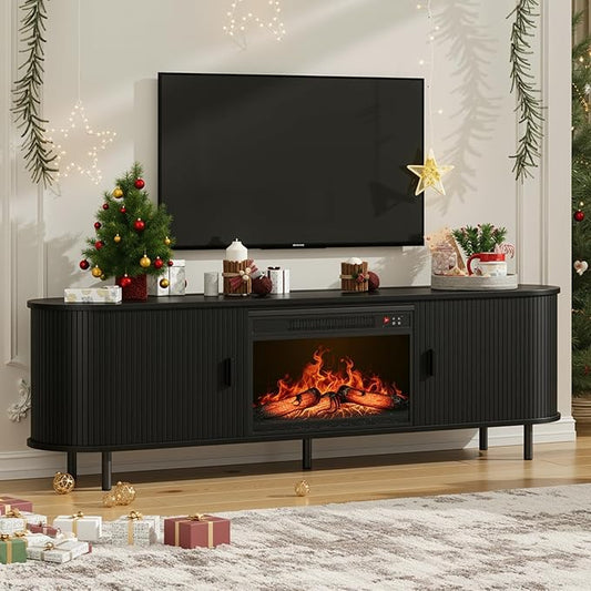 70.8" Fluted Fireplace TV Stand with 23" Electric Fireplace, Modern Chic Entertainment Center for TVs Up to 80 inches, Wooden Curved Media Console with Sliding Doors for Living Room, Black