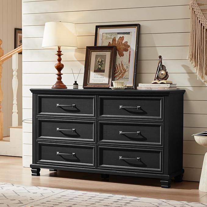 Farmhouse Black 6 Drawer Dresser for Bedroom, 54 inch Wide Vintage Large Chest of Drawers with Square Wood Legs, Rustic TV Console for Living Room, Wooden Storage Closet Dressers for Home
