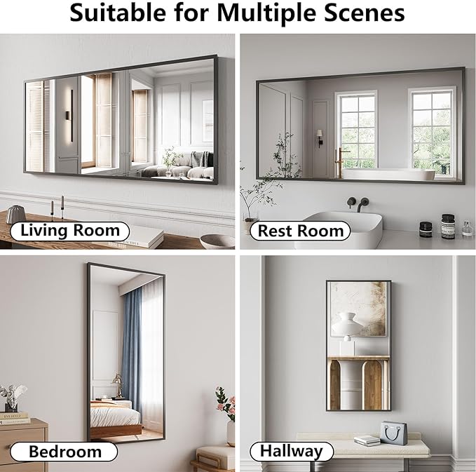Koonmi Bathroom Mirror 24x48 Black Bathroom Wall-Mounted Mirrors, Modern Vanity Mirror for Bedroom, Living Room, Aluminum Alloy Frame Allow to Hang Horizontally or Vertically