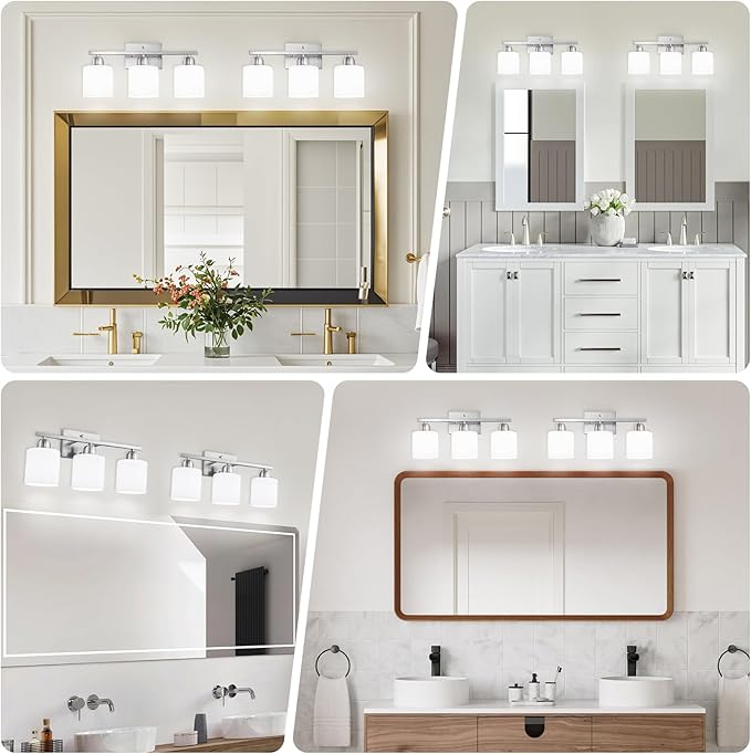 Brushed Nickel Bathroom Light Fixture, 3 Light Vanity Lights for Bathroom, Bath Lights with Milky White Frosted Glass Shades, E26 Socket