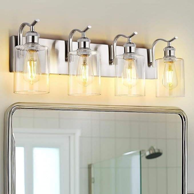 4-Light Bathroom Vanity Light, Brushed Nickel Wall Sconce, Modern Bathroom Light with Clear Glass, VL01BN-4