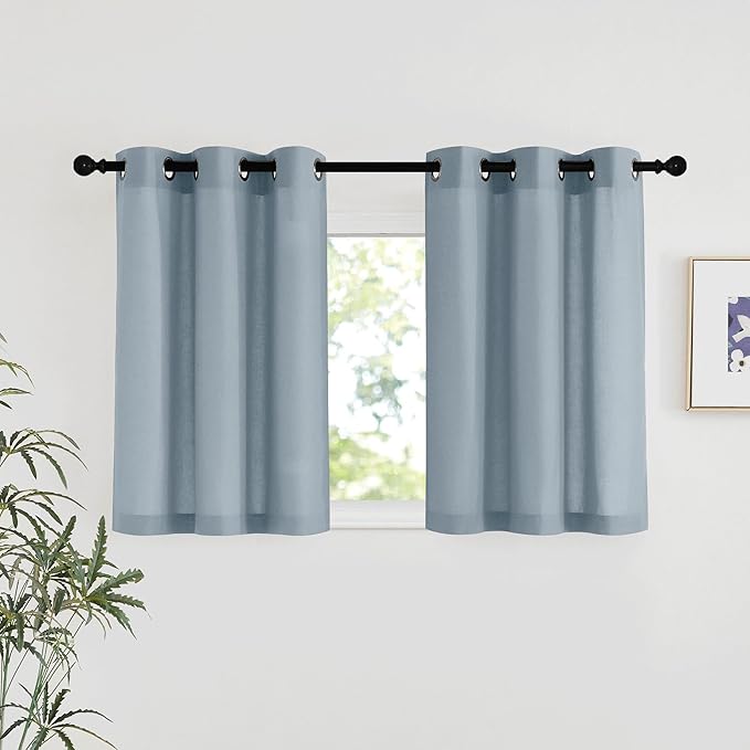 NICETOWN Linen 36 inch Curtains for Kitchen Window, Grommet Thick Flax Linen Stone Blue Small Window Treatments Privacy Assured with Light Filtering for Cafe/Kids Room, W42 x L36, 2 Panels