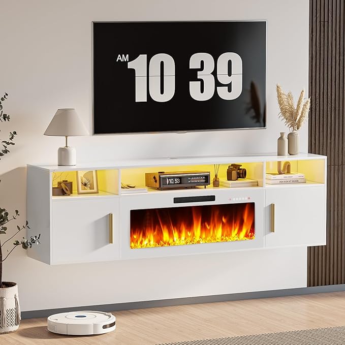 LEMBERI Floating Fireplace TV Stand 70'' Wall Mounted Shelf, LED Light Entertainment Center and Storage, Modern Wood Media TV Console with Highlight (White with White Fireplace)