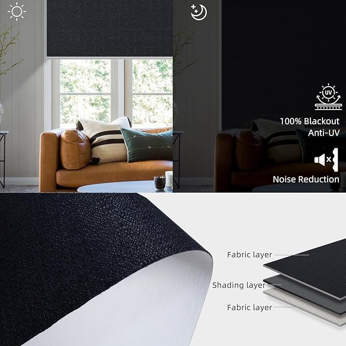 SmartWings Motorized Blackout Roller Blinds Work with Matter Homekit Z-Wave Thread Alexa Google, Smart Window Shades for Bedroom, Cordless Remote Control Customized 16"-110" W, Eclipse Onyx Black