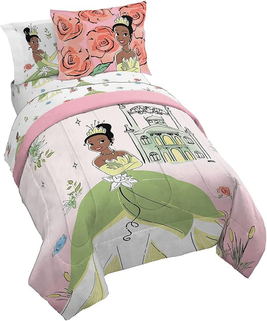 Jay Franco Disney The Princess and The Frog Beauty & Grace 7 Piece Full Size Bed Set - Includes Comforter & Sheet Set Featuring Tiana - Super Soft Bedding Fade Resistant Microfiber (Official Product)