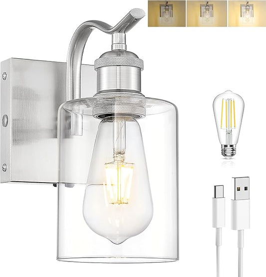 Brushed Nickel Battery Cordless Wall Sconces, Rechargeable Sconces Wall Lighting Fixture with Clear Glass Shade for Bathroom Industrial Metal Wall Mount Lamp for Bedroom Living Room ZCVL01BN-1A