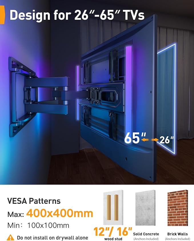 Perlegear AuraFrame™ Pre-Assembled TV Wall Mount with LED Lights for 26-65 inch TVs up to 99 lbs, Max VESA 400x400mm, Swivel, Extension, Tilt, TV Backlights with Music Sync, Fits 16”/12” Wood Studs