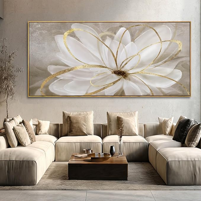 SOUGUAN White Floral Wall Art Line Wall Decor Vintage Canvas Painting 40"x86" Artwork for Bedroom Large Pictures for Dining Room