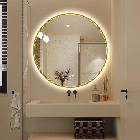 Round LED Bathroom Mirror with Gold Frame, 24V Backlight, 3 Color Temperatures, Dimmable, Memory Function, Defogging (Golden Border, 36" L x 36" W)