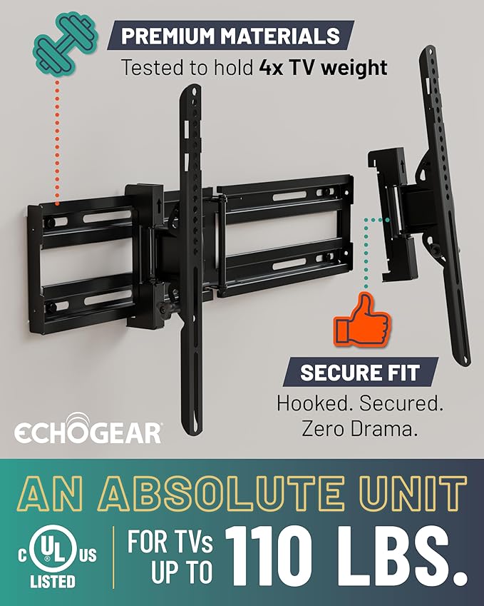 ECHOGEAR Extendable Tilting TV Wall Mount for 32 to 90" Screens up to 110lbs - Reduce Glare w/ 5.2" Extension for 12 deg Tilt - Universal TV Mount w/ 3-Step Install & Included Hardware – UL Listed