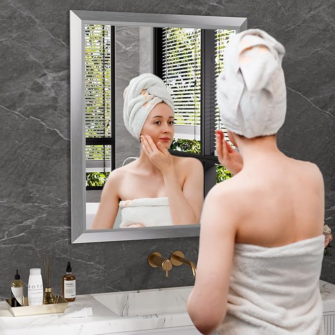 Amorho 28x36 Inch Bathroom Mirror Silver, Thick Metal Framed Wall Mirrors for Over Sink, Brushed Nickel Mirror Perfect for Bedroom, Living Room, Entryway, Rectangle (Horizontal/Vertical).