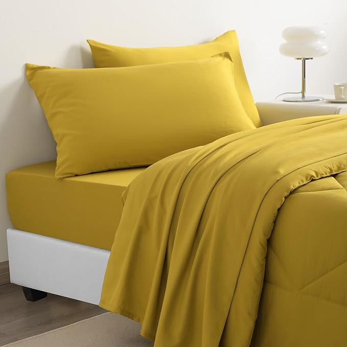 NTBAY Twin Comforter Set with Sheets, 5 Pieces Soft and Breathable Twin Bedding Set, Twin Bed in a Bag, Down Alternative Comforter Set Solid Color All Season, Kids Bedding Set, Yellow