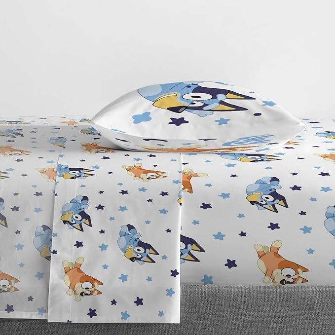 Jay Franco Bluey & Bingo Toddler Comforter Set - 4 Piece Bed Set Includes Sheet Set & Pillow Covers - Super Soft Clouds & Stars Kids Bedding