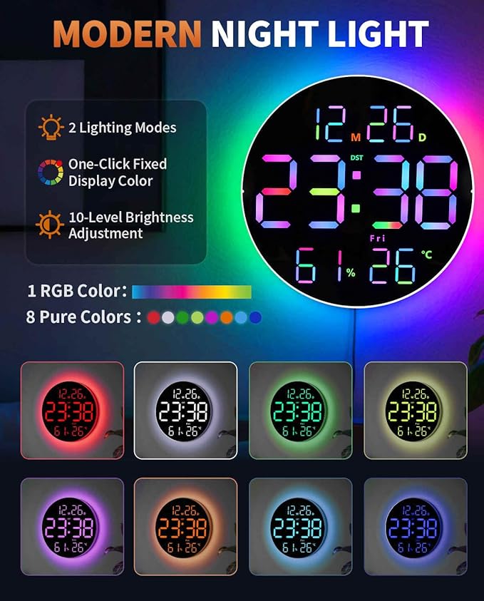 10 Inch Large Digital Wall Clock with 13 Color Changing Remote Control, Date Week Temperature, Auto Brightness Dimmer Big Clock with Night Lights,RGB