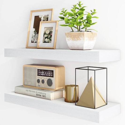 Fun Memories Floating Shelves for Wall, 24Inch Floating Shelves Set of 2, Hanging Shelf with Invisible Brackets, Wood Shelves for Living Room, Bedroom, Kitchen, White