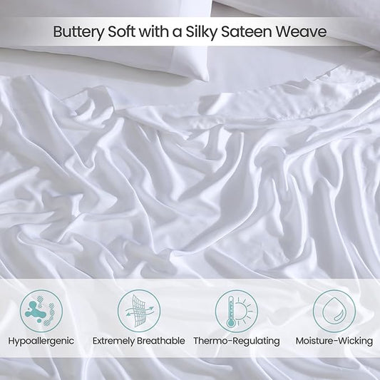 100% Eucalyptus Tencel Lyocell Sheet Set, Silky Soft & Smooth Cooling Sheets for All-Season, Sustainably Made, Moisture-Wicking, Hypoallergenic - Full, White