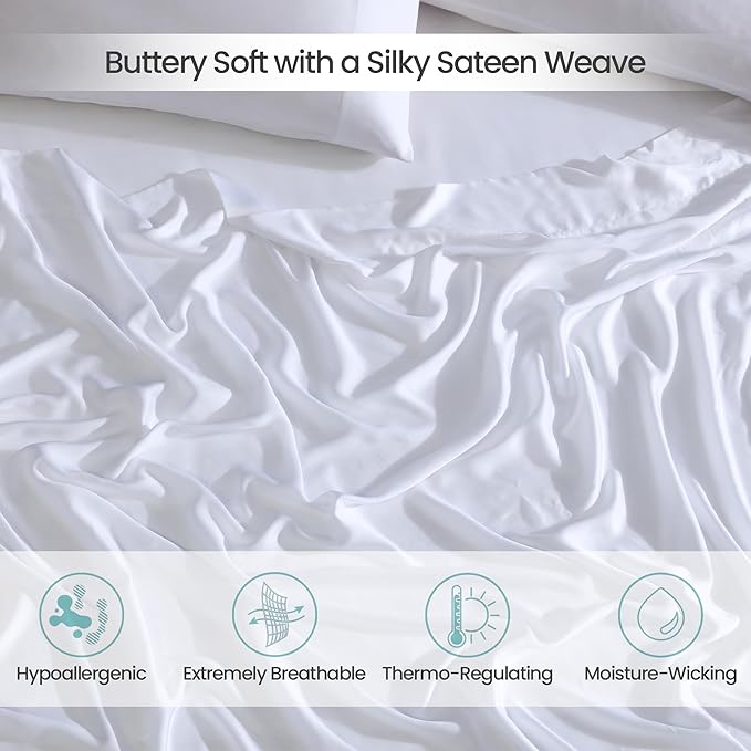 100% Eucalyptus Tencel Lyocell Sheet Set, Silky Soft & Smooth Cooling Sheets for All-Season, Sustainably Made, Moisture-Wicking, Hypoallergenic - King, White