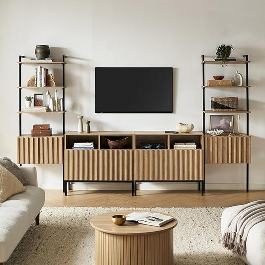 mopio Norwin 4 Piece Entertainment Center with Storage, 70" TV Stand, Industrial Modern Television Accent Cabinet, Oak Wood Media Console Table with 3-Tier Shelf Bookcase (3-Tier Cabinet Set)