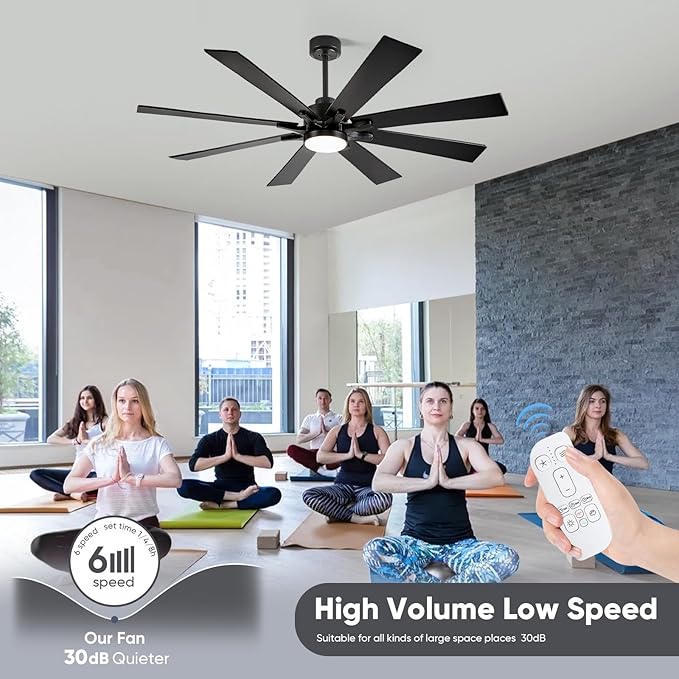 62 Inch Outdoor Ceiling Fan with Light Remote, Modern Black Industrial Ceiling Fan with 8 Blades, Dimmable Large Airflow Indoor Exterior Ceiling Fans for Patios Porch Garage Damp Rated, Quiet DC Motor