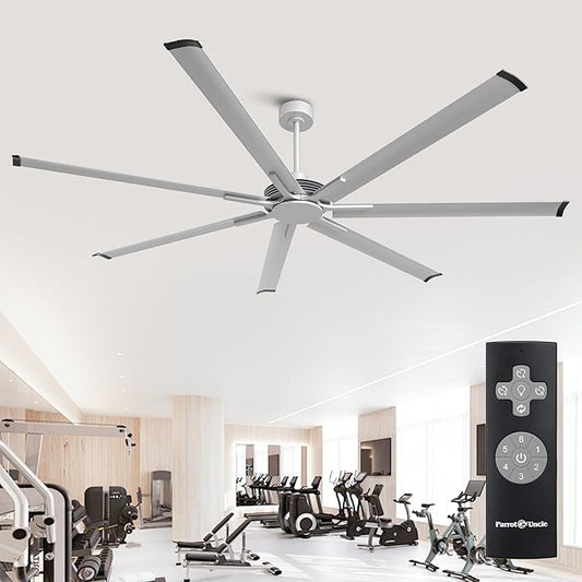 100 Inch Ceiling Fans without Lights, Silver Industrial Large Ceiling Fan with Remote for Living Room Shop Garage Indoor Outdoor, 6 Speeds, DC Motor Reversible 7 Aluminum Blades, Ventilador De Techo
