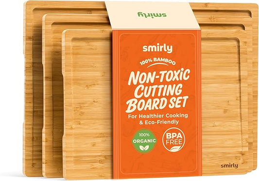 SMIRLY Bamboo Wooden Cutting Boards for Kitchen, Set of 3 Large - Small, Bamboo Wood Cutting Board Set with Deep Juice Grooves, Non Toxic Serving Tray, Perfect Mother's Day Gifts