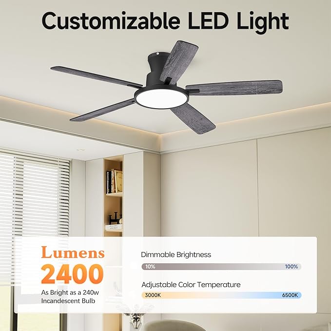 Ceiling Fans with Lights,52 inch,Quiet,Reversible Motor,Dimmable, Adjustable Color Temperature,6 Speeds,Timer, Low Profile Ceiling Fan for Bedroom,Living Room,Indoor/Outdoor Use(Gray)