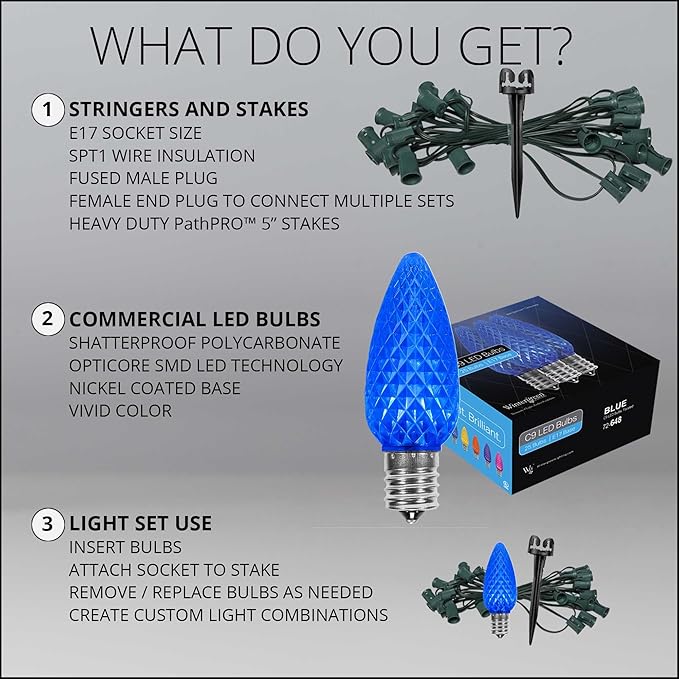 Wintergreen Lighting 50' OptiCore LED C9 Blue Pathway Christmas Lights, Heavy Duty Bulbs for Driveway, Walkway Marker, 5" Commercial PathPRO Stakes, 18 Gauge Green Wire