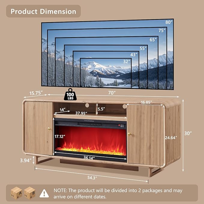70" Fluted Fireplace TV Stand for 80 Inch TV, Modern Entertainment Center w/36'' Electric Fireplace, Wood Media Console w/Curved Profile Design and Adjustable Shelves for Living Room,Natural Oak