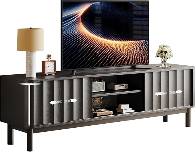 Black Mid Century Modern TV Stand, Wood Fluted Living Room TV Stands with Storage Sliding Doors, Desert-Inspired Design MCM Entertainment Center for 55 60 65 70 75 55+ 60+ 65+ 70+ Inch