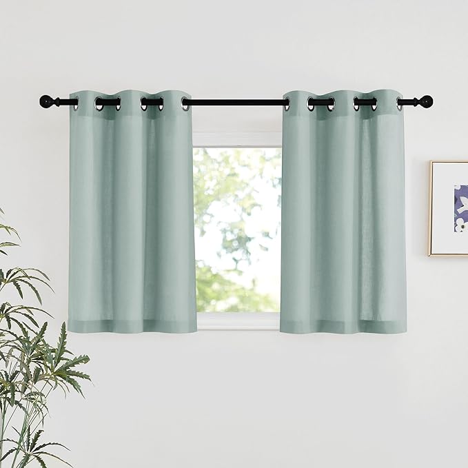 NICETOWN Sage Green Short Linen Curtains for Kitchen, Thick Flax Small Window Treatments Semi Sheer Privacy Assured with Light Through for Cafe/Bathroom, W42 x L48, 2 Panels