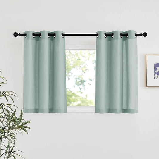 NICETOWN Sage Green Short Linen Curtains for Kitchen, Thick Flax Small Window Treatments Semi Sheer Privacy Assured with Light Through for Cafe/Bathroom, W42 x L48, 2 Panels