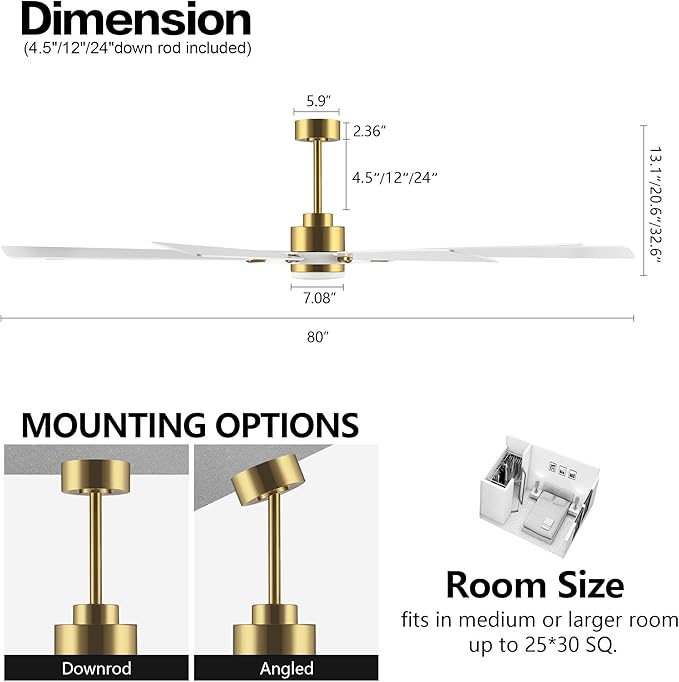 ELEHINSER 80 Inch Ceiling Fan with Lights and 3 Downrods, 8 Plywood Blades, 6-Speed Noiseless Reversible DC Motor, 3CCT, Windmill Ceiling fan for Kitchen Bedroom Living Room, Brass and White