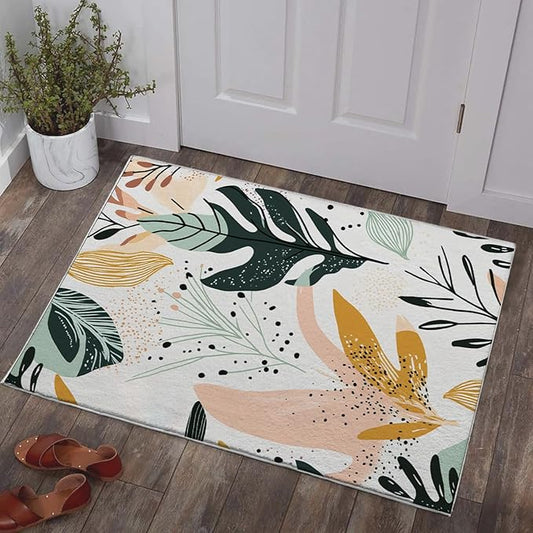 Bathroom Rug 3x5 Entryway Botanical Boho Mat Tropical Leaves Modern Abstract Area Rug Machine Washable Soft Carpet Non Slip Area Rug for Entrance Beside Living Room Bedroom Kitchen Office Indoor