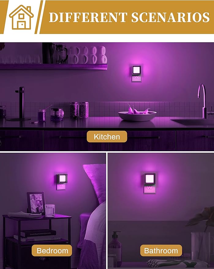 DORESshop Purple Night Light [2 Pack], Night Lights Plug Into Wall, Night Light Dusk to Dawn Sensor, LED NightLight Adjustable Brightness, Bedroom, Bathroom, Hallway, Stairs, Halloween, Party