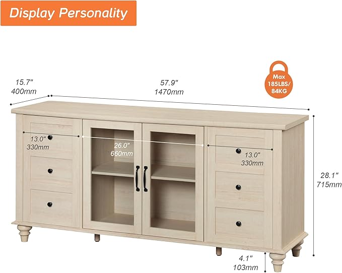 WAMPAT Glass Door Farmhouse TV Stand for TVs Up to 75 inch, Wood Universal TV Console Table with 4 Storage Cabinets, Entertainment Center for 32-75 inch TV Console Cabinet, 58'',Beige