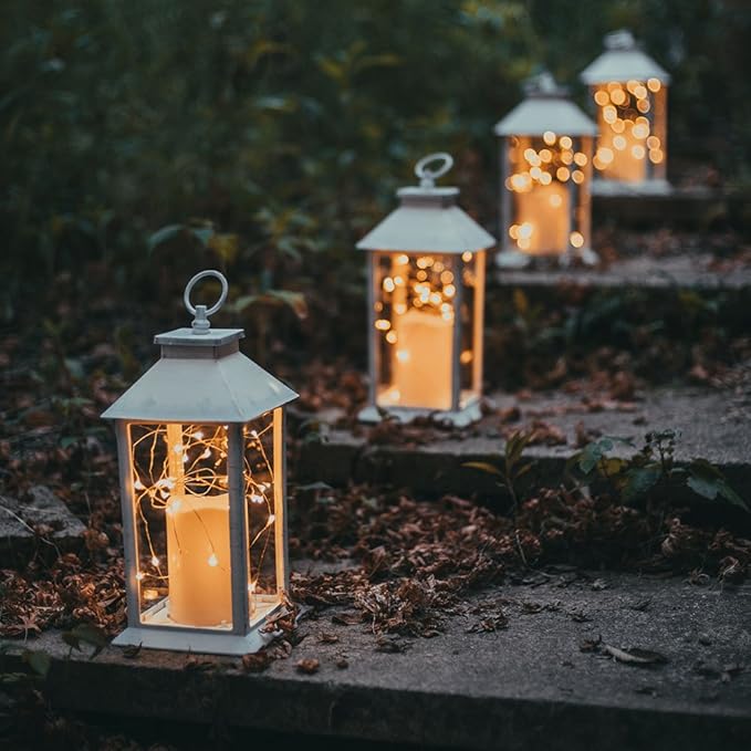 14" Gloden Brushed Vintage Candle Lantern with 30pcs Fairy Light (4 Hours Timer,3 AAA Batteries Included) Hanging Lantern Indoor Outdoor Using Decorative Candle Lanterns Table lanterns