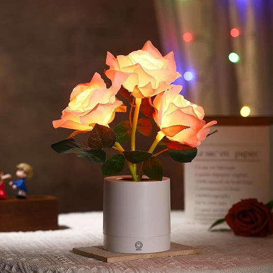 WSYEAR Pink Rose Flower Lamp, Christmas Day LED Artificial Flowers Gifts for Her Wife Girlfriend Small Table Lamp Night Light, Cordless Touch Lamp