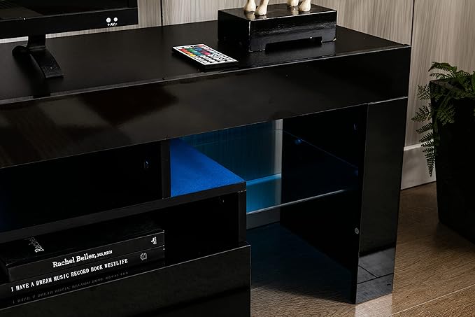 TV Stand with 16 Color LED Lights, Media Console with Drawer and Glass Open Shelf for 60/65/70 inch TV, Modern Gloss Entertainment Center for Living Room, Black