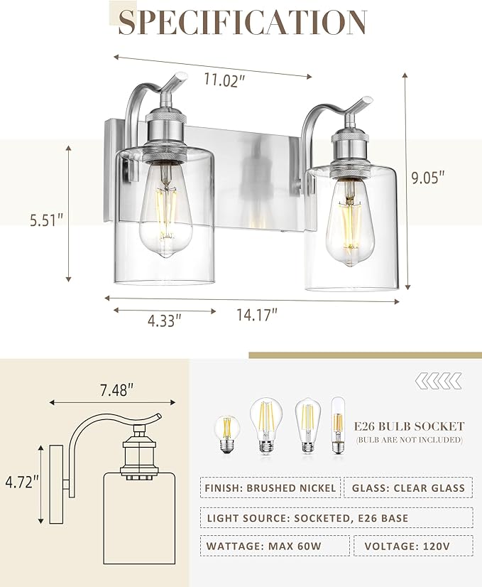 2-Light Bathroom Vanity Light, Brushed Nickel Wall Sconce, Modern Bathroom Light with Clear Glass, VL01BN-2