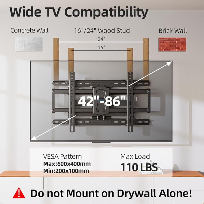 USX STAR Full Motion TV Wall Mount 24 inch Studs for Most 42-86 Inch TVs, Adjustable TV Wall Mount Swivel and Tilt, Loading 110 LBS, Max VESA 600x400mm, Fits 16", 18", 24" Studs