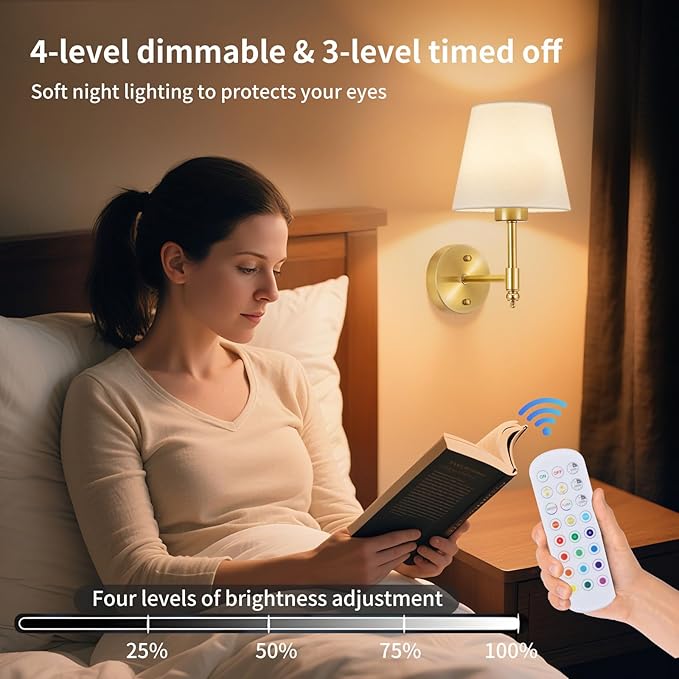 Battery Operated Wall Sconce Set of 2, Rechargeable Wireless Wall Lights with fabric Lampshade, 5000mAh Dimmable Bulbs with Remote,15 Colors Wireless Wall Lamps for Bedroom Living Room Hallway Decor