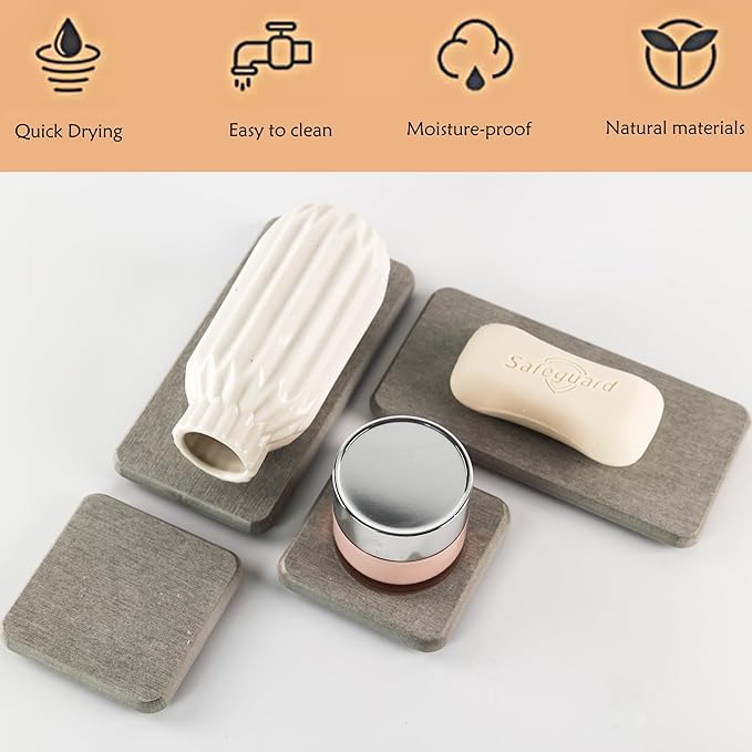 Set of 4 Water Absorbent Diatomite Coasters, Diatomaceous Earth Kitchen Soap Dish, Bathroom Trays, Water Absorbing Stone Used for Hand Soaps & Plants & Toiletries in The Modern Home